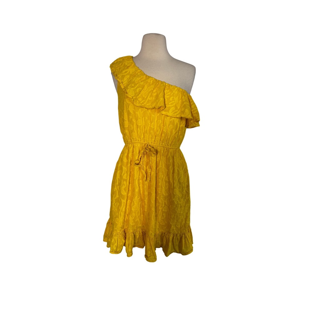 Band of the Free Womens Yellow Paisley Jacquard One Shoulder Ruffle Mini Dress S